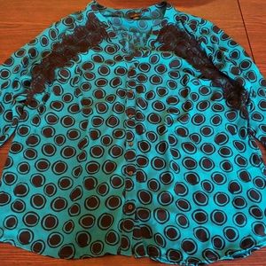 1X Teal Blue and Black Blouse